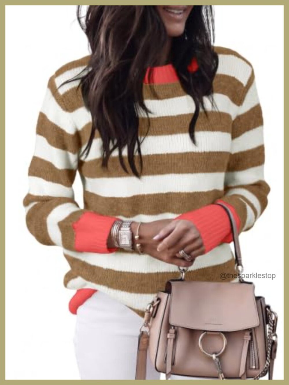 Womens Striped Color Block Long Sleeve Knit Sweater Pullover Loose Fit Crew Neck